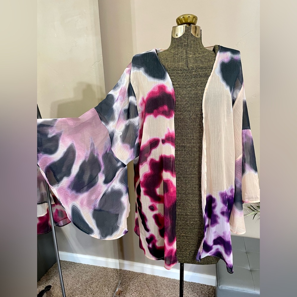 Boho Sheer Kimono Cardigan Tie Dye Bell Sleeve Chiffon Cover Up Open Front L/XL - Picture 2 of 15